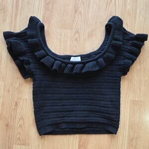 H&M Women Black Knit Crochet Cropped Top M Ruffles Boho Cottage Festival Peasant